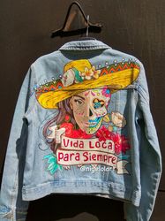 Painted denim jacket Day of the Dead in Mexico scull skull death's head Jeans jacket Personalized jacket Birds