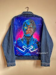 Painted Denim Jacket blue beetle Custom denim jacket dc superhero