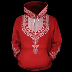 Printed Dashiki Color Red Hoodie, African Hoodie For Men Women