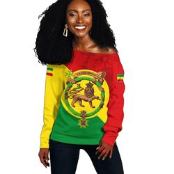 Ethiopia Haile Selassie Dibujo Flag Women's Off Shoulder, African Women Off Shoulder For Women