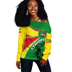 Ethiopia Round Coat Of Arms Lion Women's Off Shoulder, African Women Off Shoulder For Women