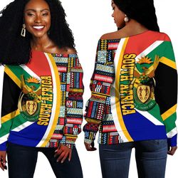 south africa flag and kente pattern special women's off shoulder sweaters, african women off shoulder for women