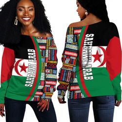 Sharawi Arab Flag and Kente Pattern Special Women's Off Shoulder Sweaters, African Women Off Shoulder For Women