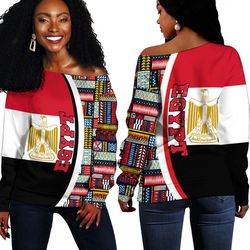 Egypt Flag and Kente Pattern Special Women's Off Shoulder Sweaters, African Women Off Shoulder For Women