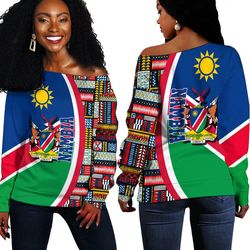 Namibia Flag and Kente Pattern Special Women's Off Shoulder Sweaters, African Women Off Shoulder For Women