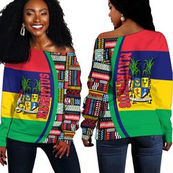 Mauritius Flag and Kente Pattern Special Women's Off Shoulder Sweaters, African Women Off Shoulder For Women