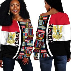 Yemen Flag and Kente Pattern Special Women's Off Shoulder Sweaters, African Women Off Shoulder For Women