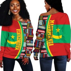 Mauritania Flag and Kente Pattern Special Women's Off Shoulder Sweaters, African Women Off Shoulder For Women