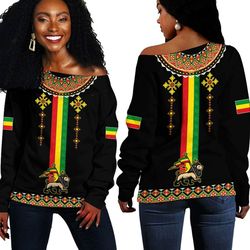 Ethiopia Lion Style Pattern Off Shoulder Sweaters, African Women Off Shoulder For Women