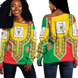 Burkina Faso Dashiki Off Shoulder Sweater, African Women Off Shoulder For Women