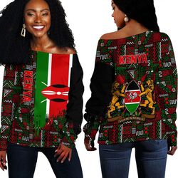 Kenya Kente Pattern Off Shoulder Sweater, African Women Off Shoulder For Women