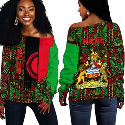 Malawi Kente Pattern Off Shoulder Sweater, African Women Off Shoulder For Women