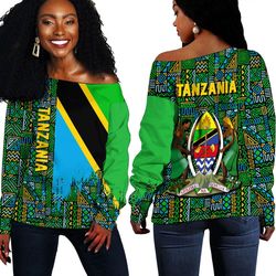 Tanzania Kente Pattern Off Shoulder Sweater, African Women Off Shoulder For Women