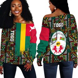 Togo Kente Pattern Off Shoulder Sweater, African Women Off Shoulder For Women
