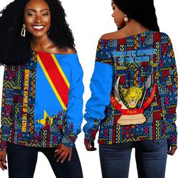 Democratic Republic of the Congo Kente Pattern Off Shoulder Sweater, African Women Off Shoulder For Women