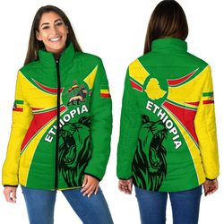 Ethiopia Round Coat Of Arms Lion Women Padded Jacket, African Padded Jacket For Men Women
