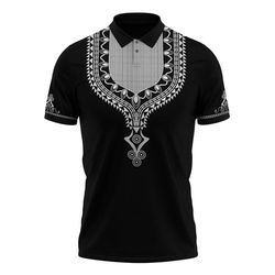 Dashiki Black Color Polo Shirt, African Polo Shirt For Men Women