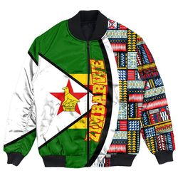 Zimbabwe Flag and Kente Pattern Special Bomber Jacket, African Bomber Jacket For Men Women