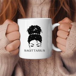 Sagittarius Coffee Mug, Messy Bun Zodiac Birthday Gift for Her, Horoscope Ceramic Mug