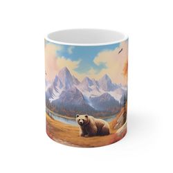 Mountains and Bear Coffee Mug | Nature Inspired | Outdoor Design | Watercolor Mountain Scene | Dad Gift | Nature Lover G