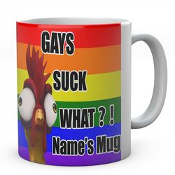 Gays Suck Cock Mug, Personalised Mug with Name Or Text, Funny Novelty LGBT Mug, Gay Lesbian Gifts, Coffee Tea Cup, Gifts