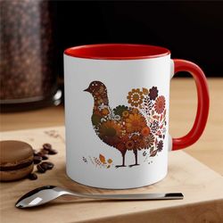 Fall Turkey Bird Floral Mug, Boho Cottagecore Coffee Mug, Thanksgiving Botanical Tea Cup, Floral Nature Mug, Flower Bird