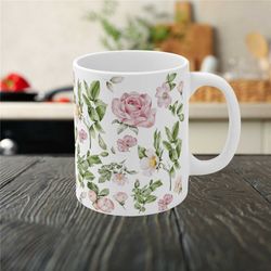 Pink Peony Rose Flower Watercolor Mug, Boho Cottagecore Coffee Mug, Rustic Nature Botanical Tea Cup, Botanical Floral Ga