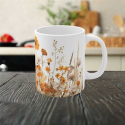 Orange Fall Floral Mug, Boho Cottagecore Wildflower Coffee Mug, Rustic Nature Botanical Tea Cup, Botanical Floral Garden