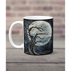 Moon Mug, Tree in Full Moon Mug, Mystical Moon Mug, Moon Lovers Gift, Tree Lovers Gift, Artistic Moon and Tree, Enchante