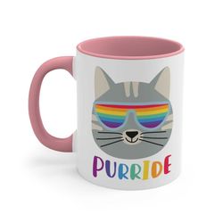 Pride Gay Cat Ceramic Coffee Mug, 11 - 15 oz Tea Cup, Cute Funny Gift for Woman Him Her, Trans Lesbian Rainbow, Cat Mom