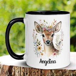Personalized Deer Mug, Custom Name Mug, Floral Mug, Deer Coffee Mug, Christmas Gifts, 15 oz 11 oz, Deer Gift, Reindeer M