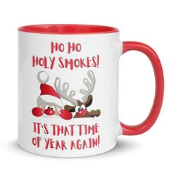 Ho Ho Holy Smokes Christmas Mug, Festive Wordplay Mug, Santa and Reindeer Mug, Fun Christmas Season Gift