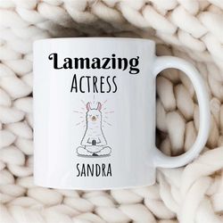 Custom 'Lamazing Actress' Mug, Personalized Gift for Female Entertainer, Meditating Lama, Coworker Birthday, Yoga, Appre