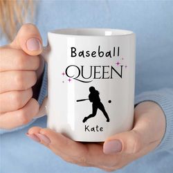 Personalized 'Baseball Queen' Mug, Custom Cup for Fan, Pitcher Girlfriend, For her, Coach, Women, Niece, Softball Player