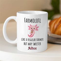 personalized 'farmolotl' mug, custom axolotl gift for agronomists, portmanteau, nature lover, garden owner, employee app
