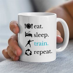eat-sleep-train-repeat, boxing mug, gift for boxing fan, coach appreciation, husband, office, fighting son, men, thank y
