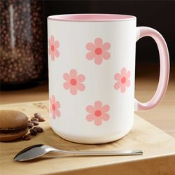 Cute Pink Flower Kawaii Mug Two-Tone Coffee Mugs, 15oz