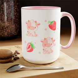 Strawberry Milk Cow Kawaii Mug Two-Tone Coffee Mugs, 15oz