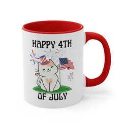 Happy Fourth Cat Accent Kawaii Aesthetic Coffee Mug, 11oz Friend Gift Trending Fourth of July Mug