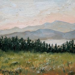 Landscape Painting Mountains Lake Forest Painting Neutral Wall Art 8x8