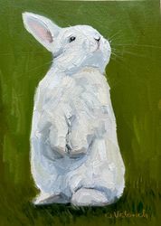Bunny Painting White Rabbit Original Oil Painting Collectible Animal painting