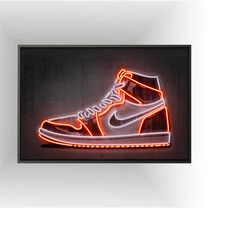 Nike Air Jordan 1 - Red Neon Canvas Wall Art / Canvas Poster Print, Contemporary Printable Art Neon Light