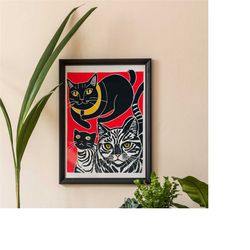 cat family linocut art poster - retro giclee reproduction wall art - graphic print - minimalist mailed printed posters -