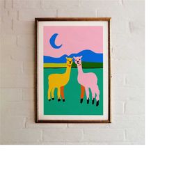 colorful alpacas poster - cute fashionable nursery wall art, animal wall decor, cute kid's room print, minimalist home d