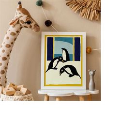 retro penguins art print - giclee poster - nursery wall art, animal wall decor, cute kid's room print, minimalist home d