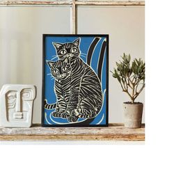 linocut cats art poster - retro giclee reproduction wall art - graphic print - minimalist mailed printed posters - 24x36