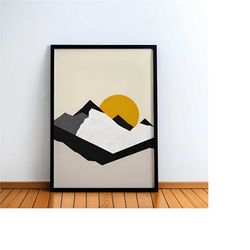 beige and yellow landscape poster | neutral landscape, alpine lake, housewarming gift, hotel wall art, california mounta
