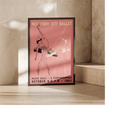 new york city ballet poster - pink and red nyc ballerina wall art prints - ballerina gift - nursery and kid's room decor
