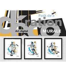 sport football pack of 3 footballers, wall decoration,