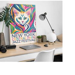 New York Poster, Home Decor, Music Poster, Jazz Wall Art, NY Central Park, Festival Print, Cat Art, Colorful Nursery Pri